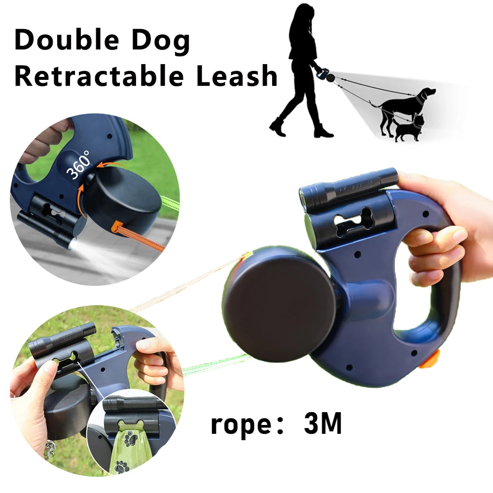 Ultimate Retractable Dual Dog Leash with LED Light - Tangle-Free 360° Swivel & Independent Braking with Reflective 3M Leads