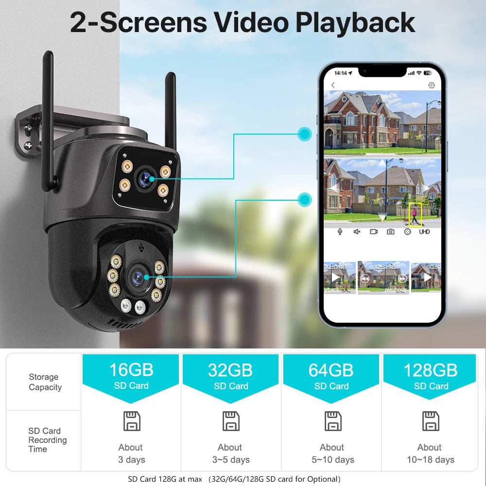 4K 8MP HD Wifi PTZ Camera Outdoor 4MP Dual Lens Dual Screen AI Auto Tracking IP Camera CCTV Audio Video Surveillance P2P Icsee